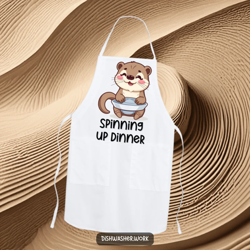 Funny apron featuring a happy otter character polishing a spinning plate with a proud gleam.