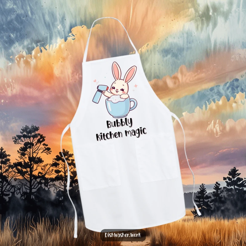 Funny rabbit apron featuring a playful character spraying effervescent foam on a mug, perfect for humorous cooking sessions.