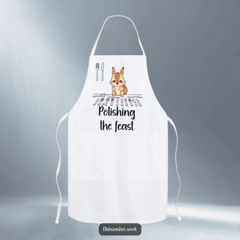 Funny squirrel apron featuring a diligent character arranging clean cutlery into neat, shining rows, perfect for humorous cooking sessions.