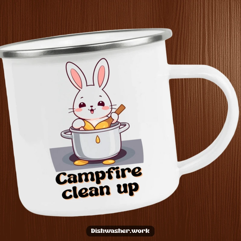 Funny rabbit character scrubbing a pot on a sturdy camping mug, bringing humor to outdoor chores.