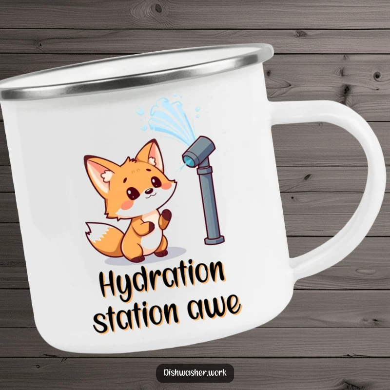 Funny fox camping mug featuring a curious character observing a powerful jet of water from a nozzle with wonder, ideal for humorous outdoor adventures.