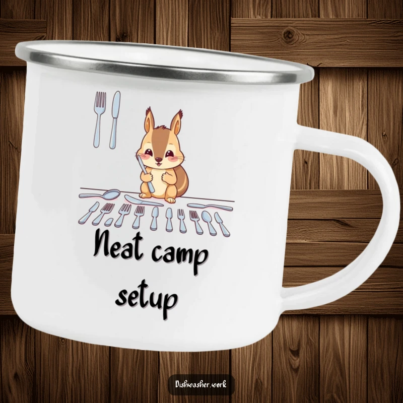 Funny squirrel camping mug featuring a diligent character arranging clean cutlery into neat, shining rows, ideal for humorous outdoor adventures.
