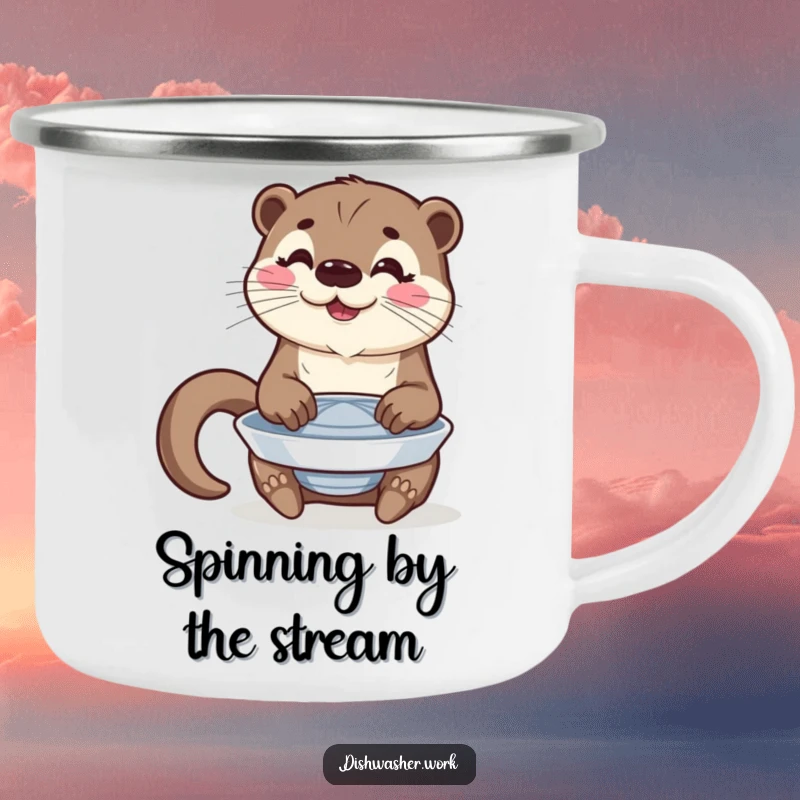 Funny camping mug with a happy otter character polishing a spinning plate with a proud gleam.