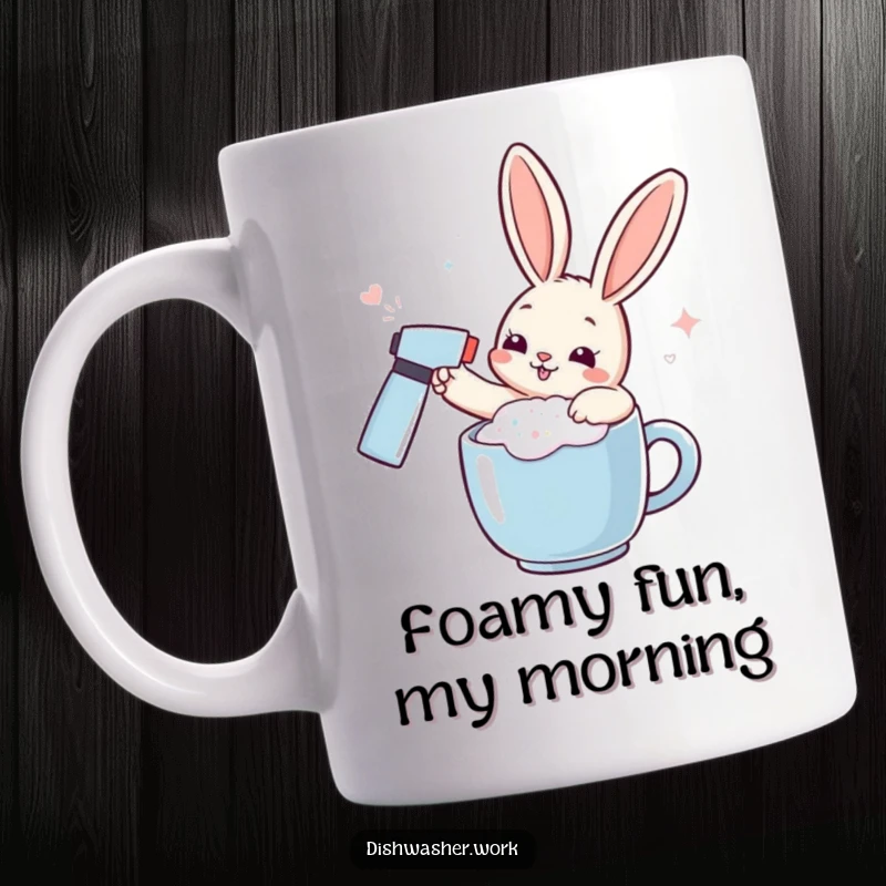 Funny rabbit mug with a playful character spraying effervescent foam on a mug, perfect for a humorous gift.