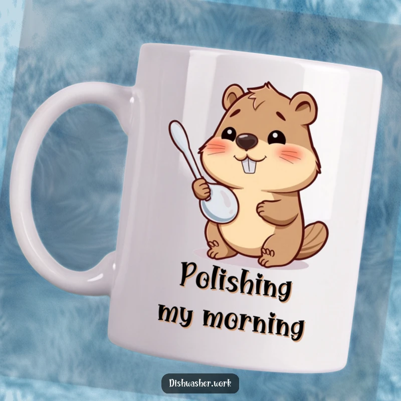 Funny Mug showing a happy beaver character diligently polishing a shiny metal utensil to a gleaming finish, a humorous take on tidiness.