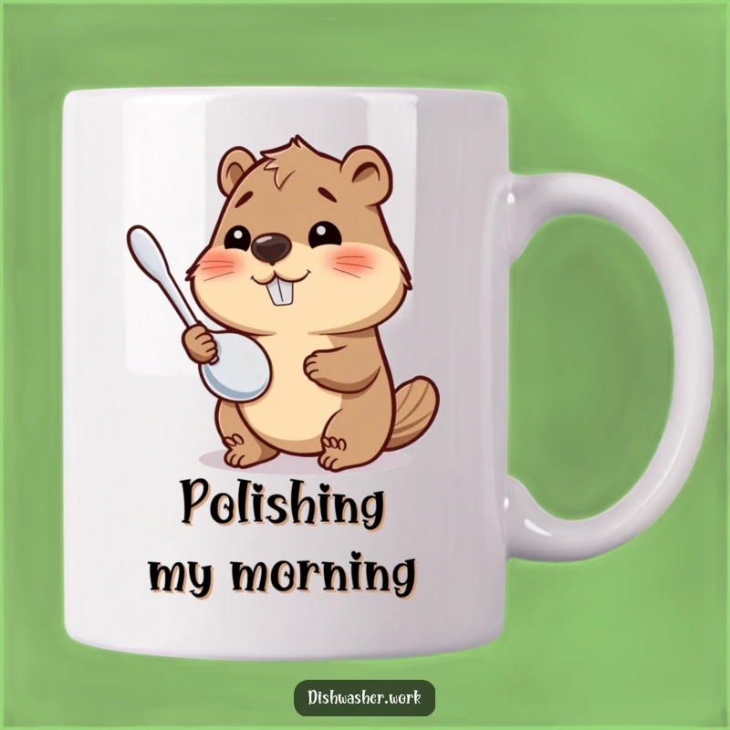 Funny Beaver Polishing Mug: Shiny Utensil Humor, Perfect Gift for Neat Freaks