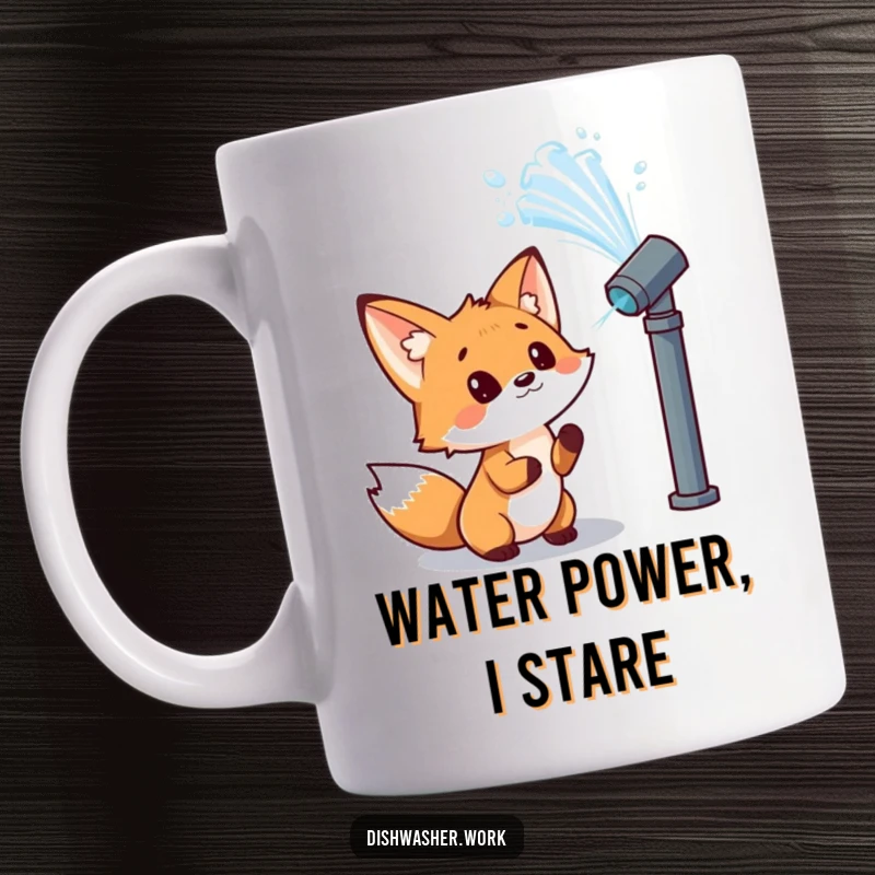 Funny fox mug with a curious character observing a powerful jet of water from a nozzle with wonder, perfect for imaginative humor.
