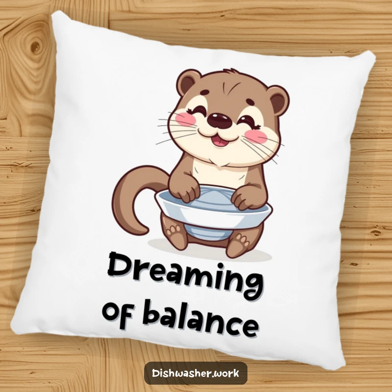 Funny pillow with a happy otter character polishing a spinning plate with a proud gleam in its eye.