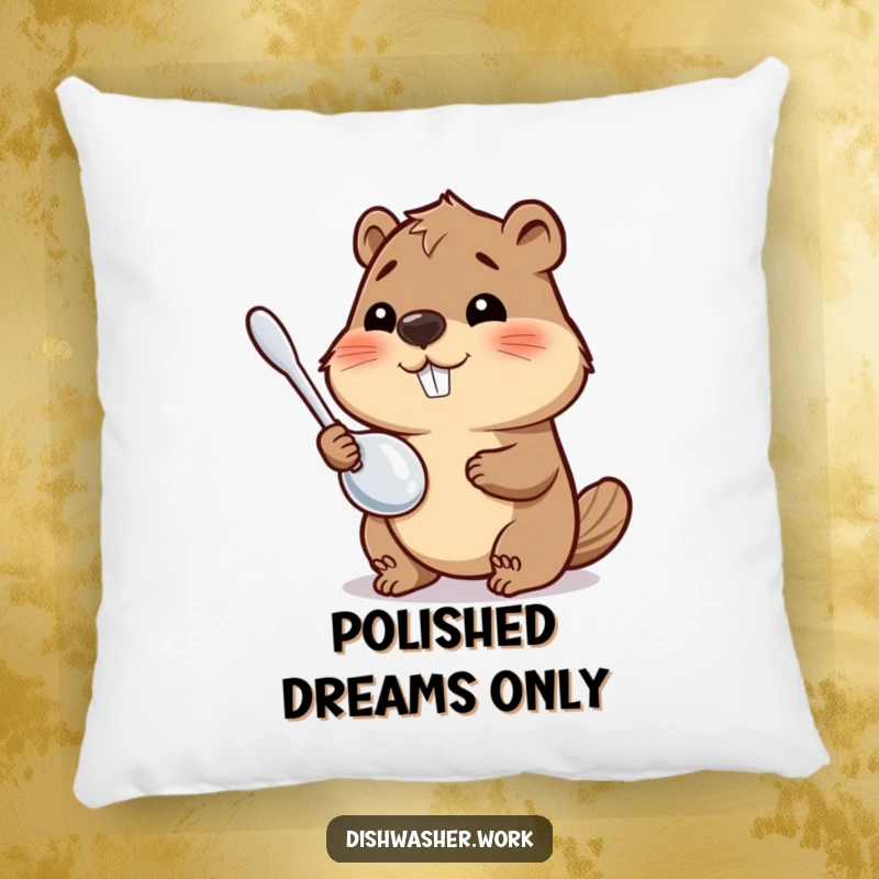 Funny Pillow featuring a happy beaver character polishing a shiny metal utensil, adding humorous and polished charm to home decor.