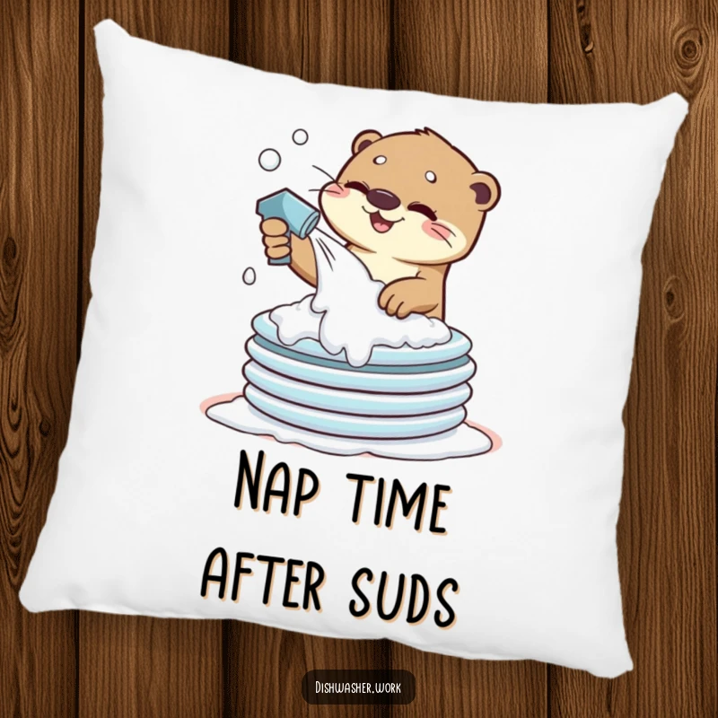 Funny Pillow featuring a playful otter character spraying suds onto dirty plates, adding humorous and clean charm to home decor.