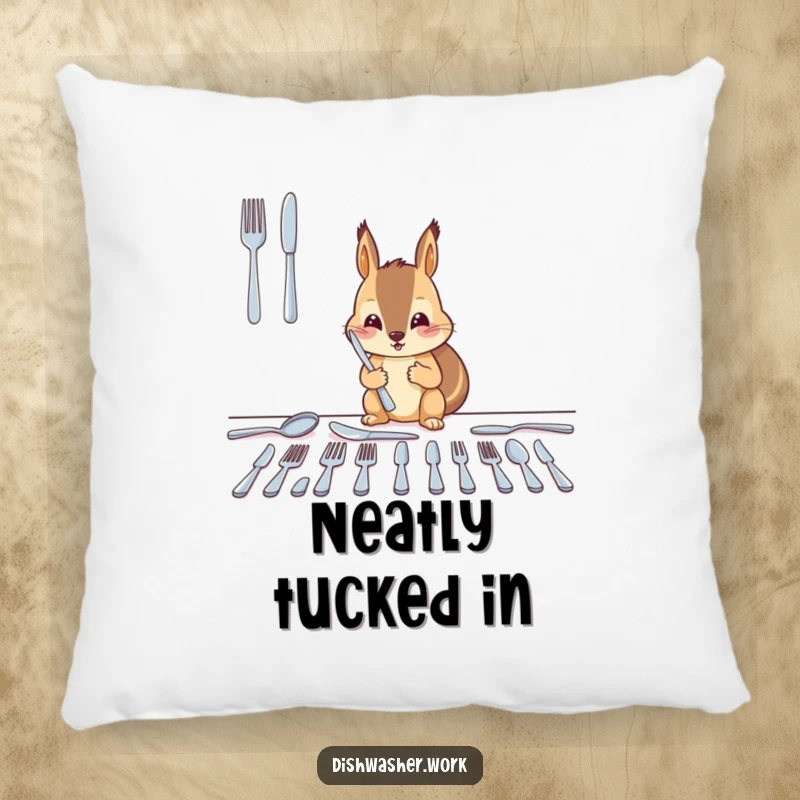 Funny squirrel pillow with a diligent character arranging clean cutlery into neat, shining rows, offering cozy and humorous home decor.