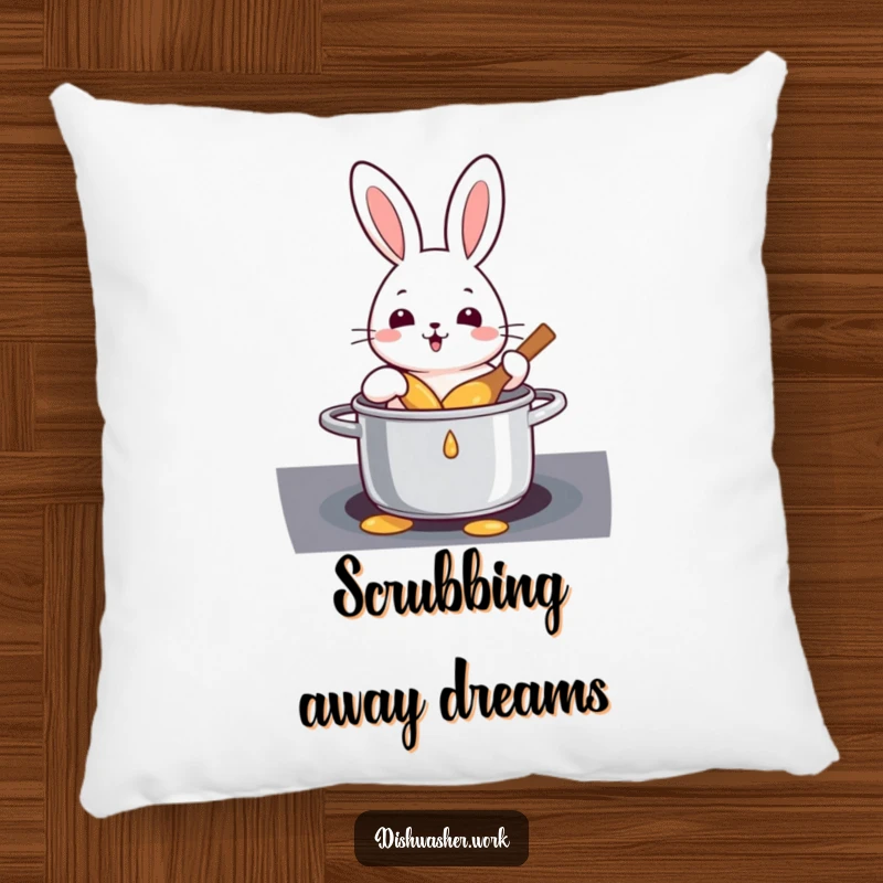 Funny rabbit character scrubbing a pot on a soft pillow, adding humorous decor to any room.