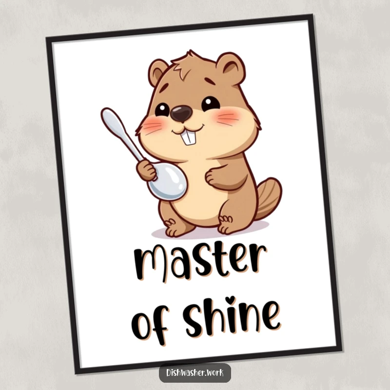 Funny Digital Art Print of a happy beaver character polishing a shiny metal utensil to a gleam, a humorous and detailed scene.