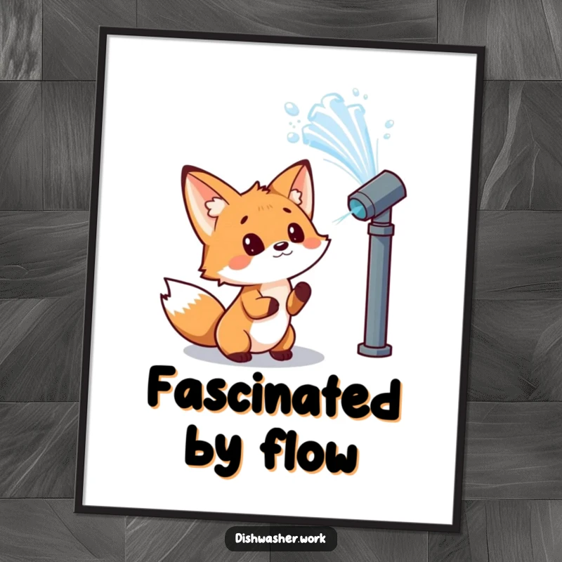 Funny fox digital art print of a curious character observing a powerful jet of water from a nozzle with wonder, offering humorous wall decor.