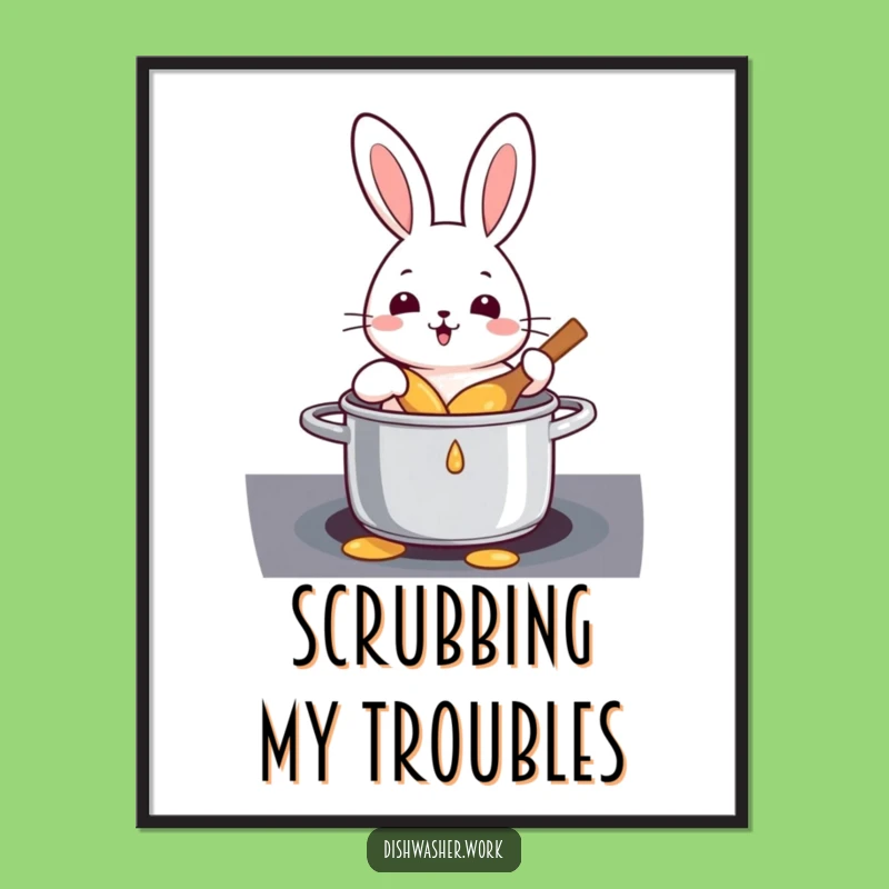 Funny Rabbit Cleaning Pot Digital Art: Instant Humor for Walls, Perfect Funny Gift!