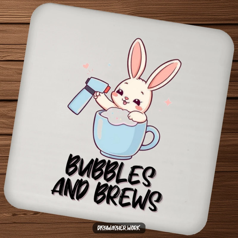 Funny rabbit coaster showing a playful character spraying effervescent foam on a mug, protecting surfaces with humor.
