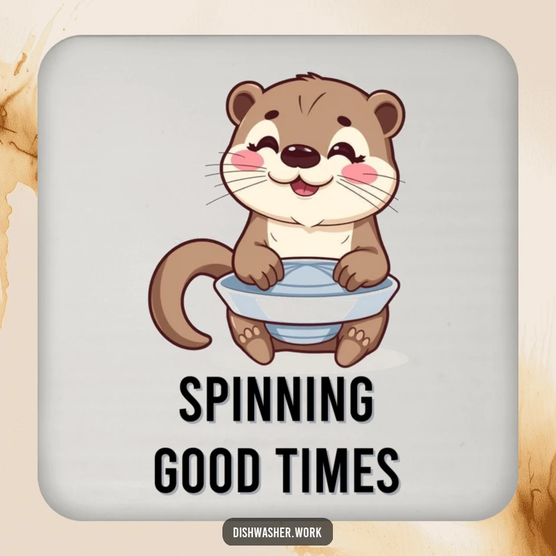 Funny drink coasters featuring a happy otter character polishing a spinning plate with a proud gleam.