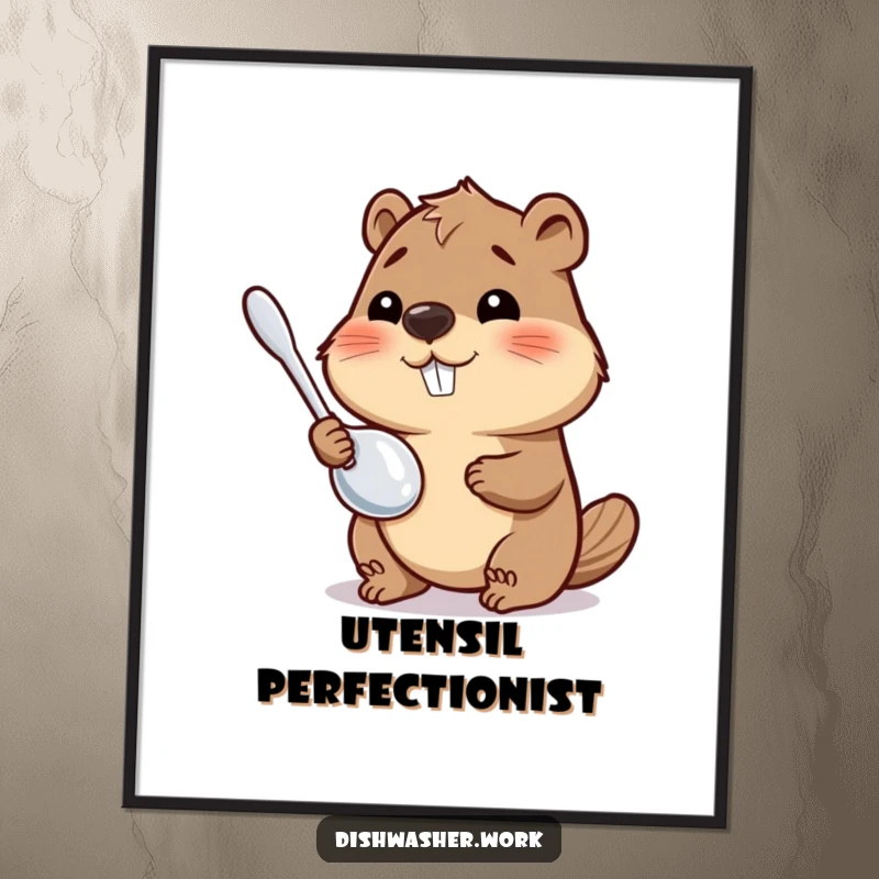 Funny Poster of a happy beaver character polishing a shiny metal utensil to a brilliant gleam, a humorous piece of kitchen art.