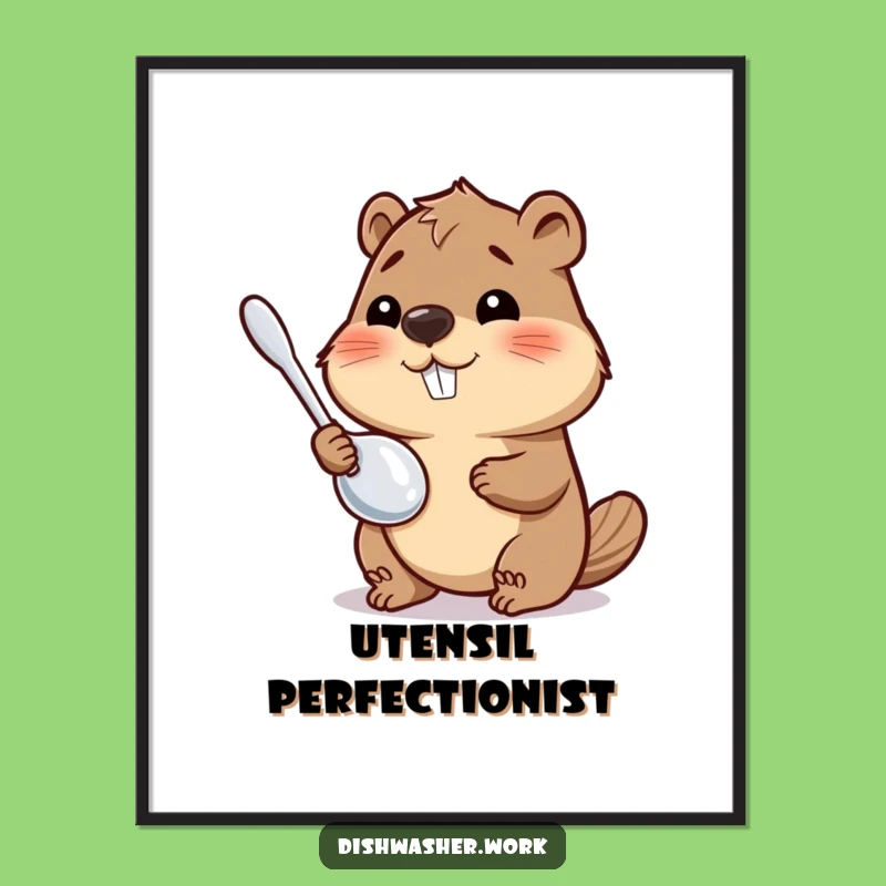 Funny Beaver Polishing Poster: Utensil Gleam Art, Humorous Kitchen Decor Gift