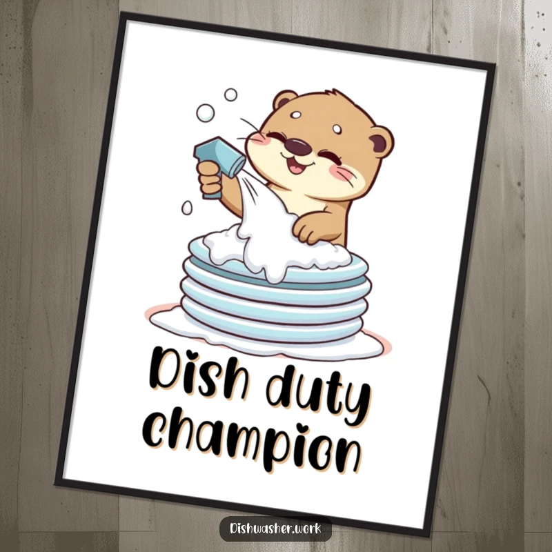 Funny Poster of a playful otter character spraying suds onto a stack of dirty plates, a humorous and dynamic kitchen art piece.