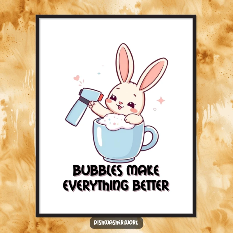 Funny rabbit poster showing a playful character spraying effervescent foam on a mug, ideal for humorous wall art decor.