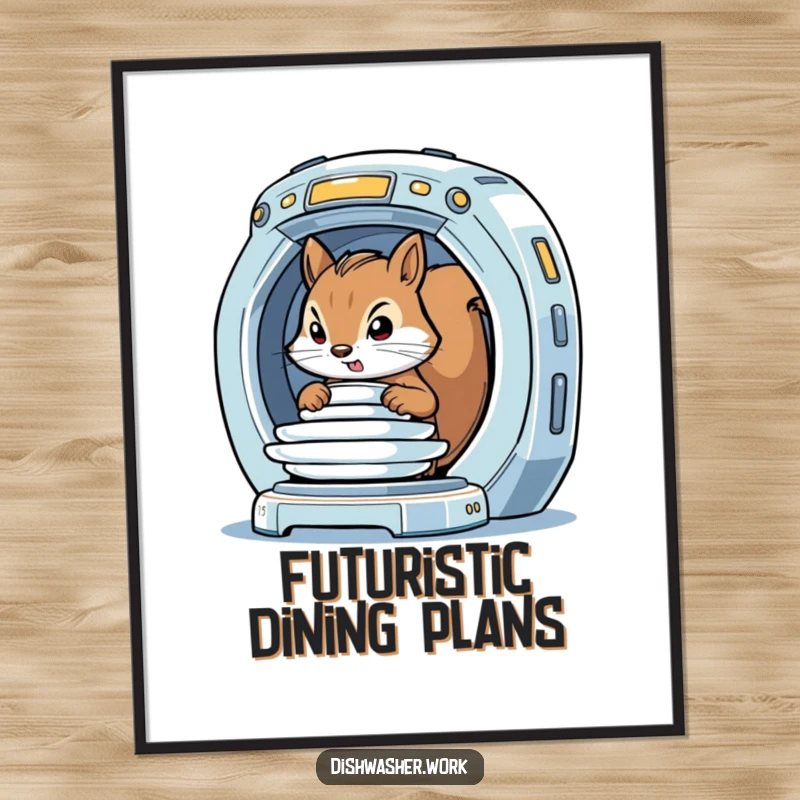 Funny Poster of a determined squirrel loading plates into a gleaming, futuristic machine, a humorous and imaginative piece of art.