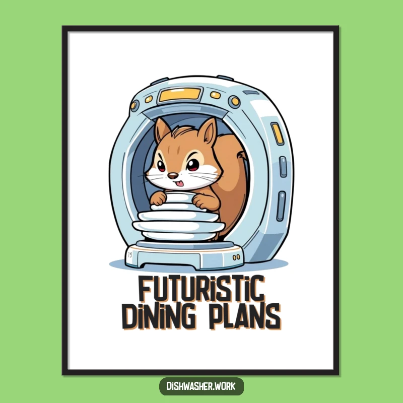 Funny Squirrel Future Poster: Sci-Fi Dishwasher Art, Humorous Decor Gift