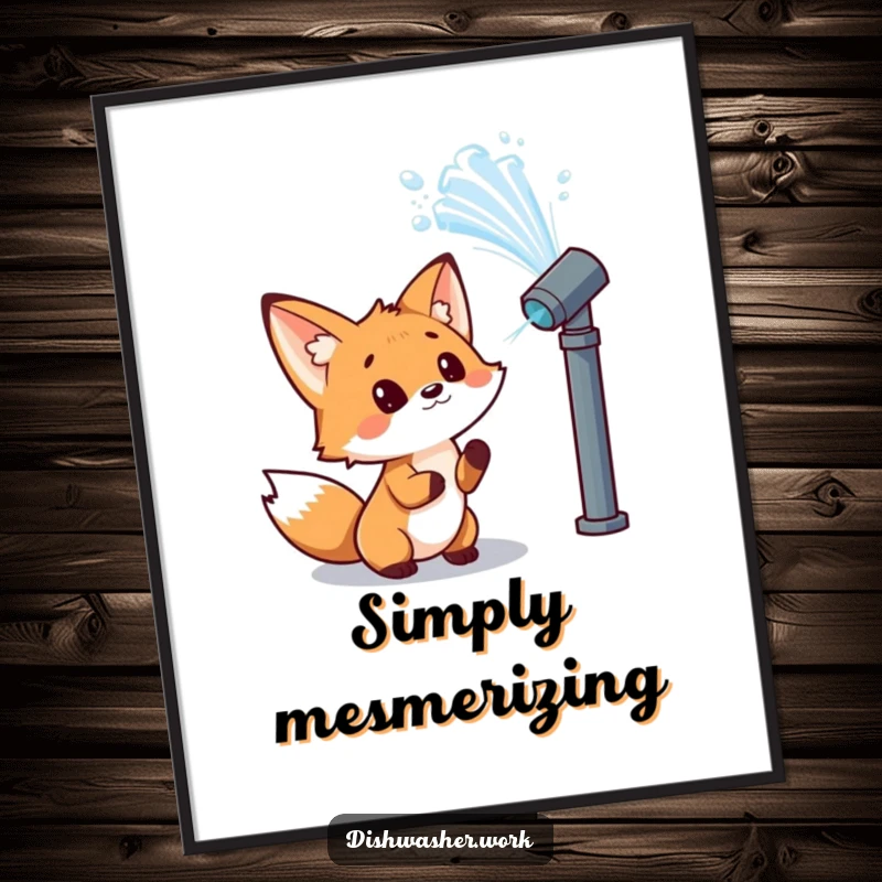 Funny fox poster showing a curious character observing a powerful jet of water from a nozzle with wonder, ideal for humorous wall art decor.