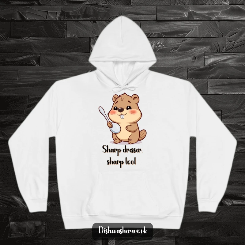 Funny Hoodie with a happy beaver character polishing a shiny metal utensil, combining comfort with humorous attention to detail.