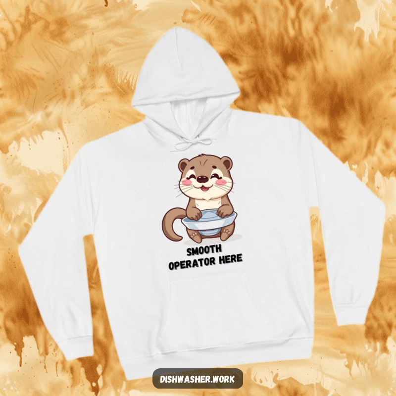 Funny hoodie featuring a happy otter character polishing a spinning plate with a proud gleam in its eye.