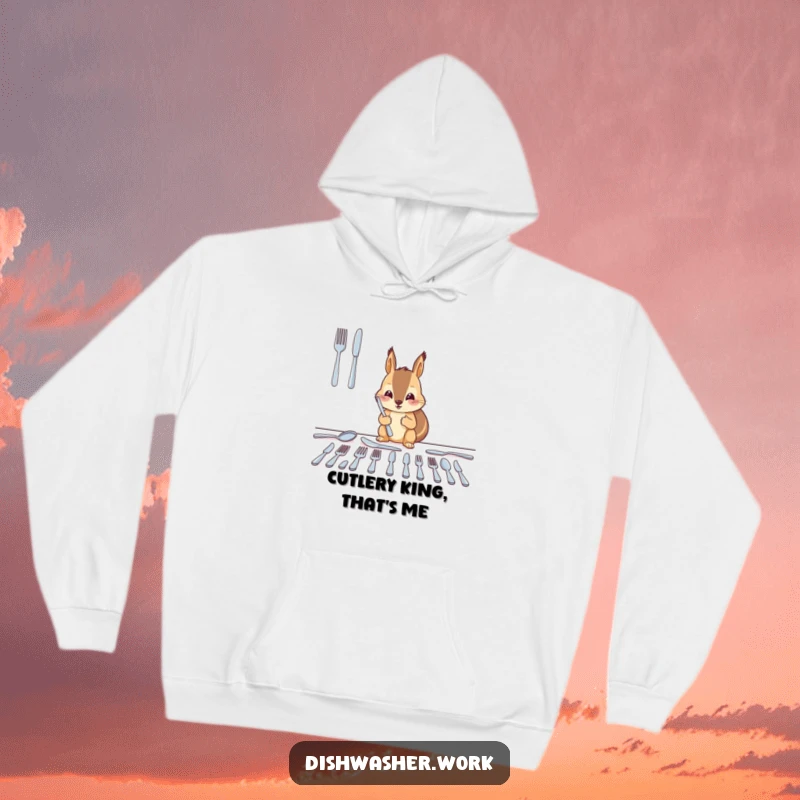 Funny squirrel hoodie with a diligent character arranging clean cutlery into neat, shining rows, perfect for a cozy, humorous gift.