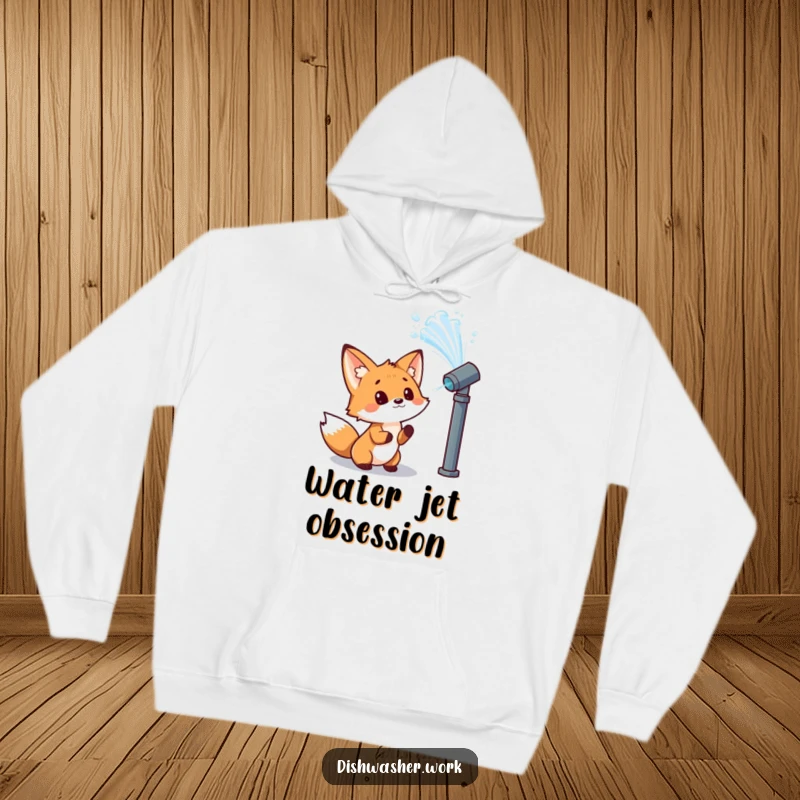 Funny fox hoodie with a curious character observing a powerful jet of water from a nozzle with wonder, perfect for a cozy, humorous gift.