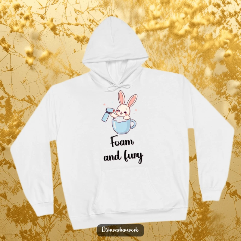 Funny rabbit hoodie with a playful character spraying effervescent foam on a mug, perfect for a cozy, humorous gift.