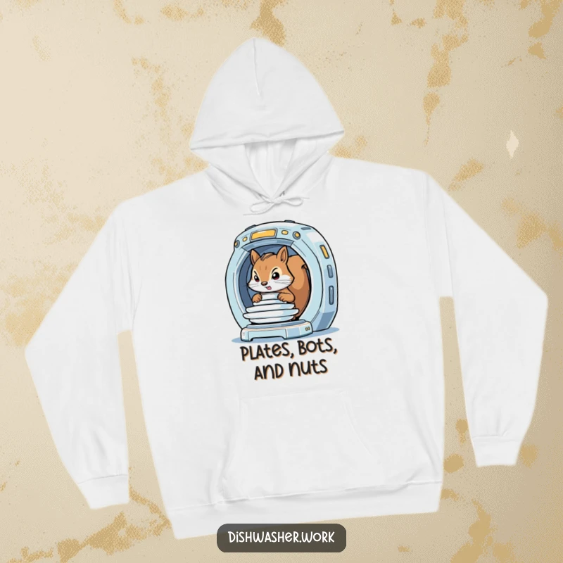 Funny Hoodie with a determined squirrel loading plates into a gleaming, futuristic machine, combining comfort with humorous future tech.