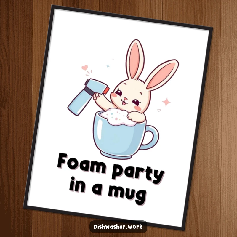 Funny Free Printable Rabbit Wall Art: Playful rabbit spraying effervescent foam onto a mug, a whimsical decoration.