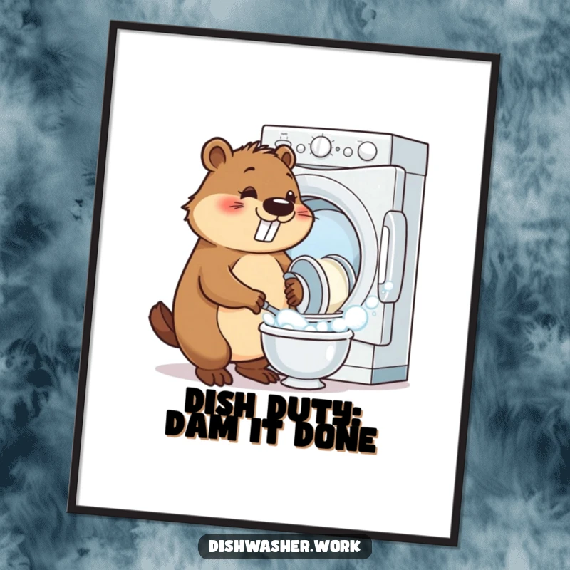 Funny Free Printable Beaver Wall Art: Cheerful beaver loading sparkling dishes into a bubbly dishwasher, a humorous scene.