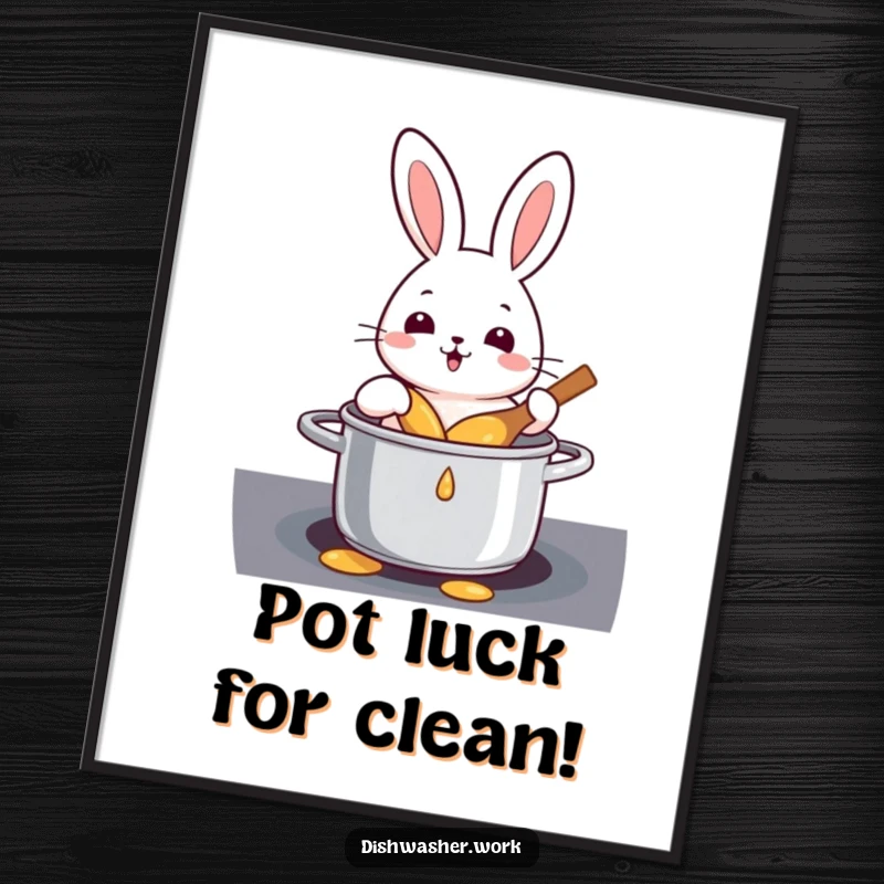 Funny Free Printable Wall Art: Cheerful rabbit energetically scrubbing a pot, a humorous scene of domestic determination.