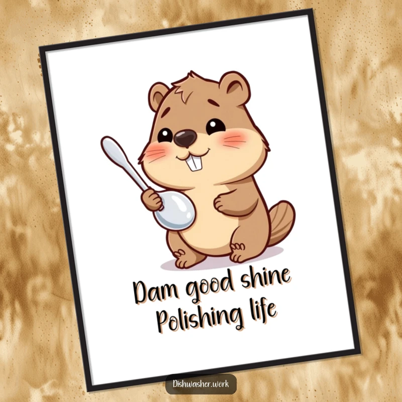 Funny Free Printable Wall Art: A happy beaver meticulously polishes a metal utensil until it reflects light intensely, showcasing its dedication.