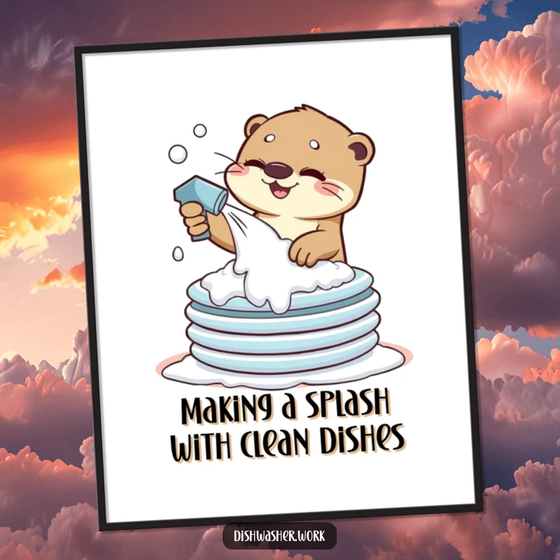 Funny Free Printable Wall Art: A playful otter enthusiastically sprays foamy suds all over a large stack of dirty dishes, ready for a clean.