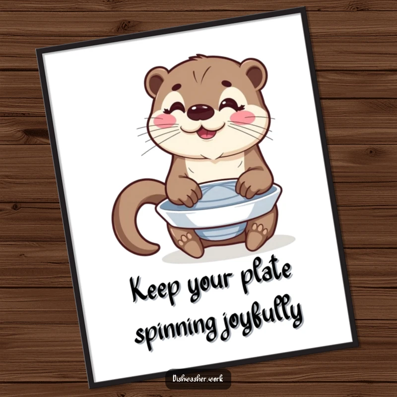 Funny Free Printable Wall Art capturing a happy otter proudly polishing a spinning plate, its eyes gleaming with accomplishment.