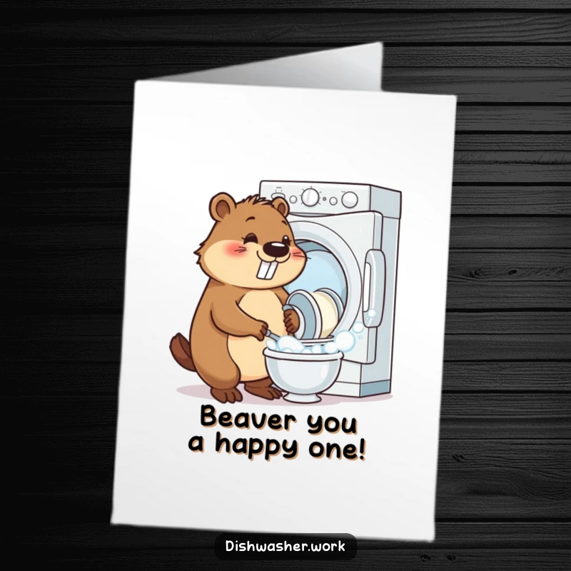 Funny Free Printable Beaver Birthday Card: Cheerful beaver loading sparkling dishes into a bubbly dishwasher with glee.