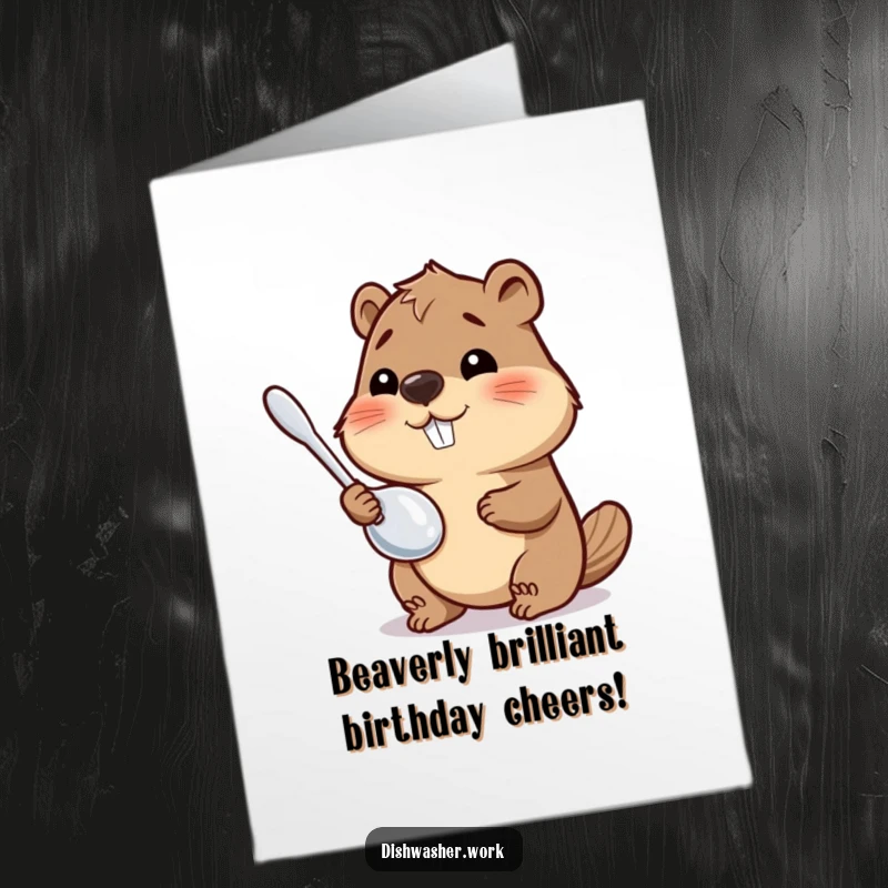 Funny Free Printable Birthday Card: A happy beaver diligently polishes a metal utensil until it gleams, with a proud smile.