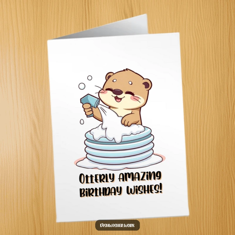 Funny Free Printable Birthday Card: A playful otter enthusiastically sprays suds onto a tall stack of dirty plates, ready to scrub.