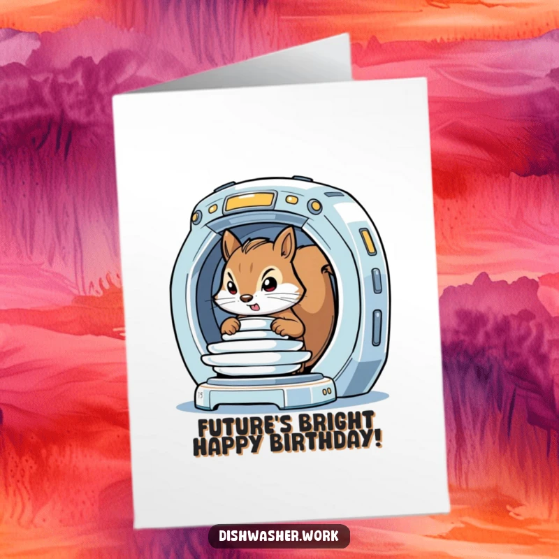 Funny Free Printable Birthday Card: A determined squirrel carefully loads plates into a sleek, gleaming, futuristic dishwashing machine.