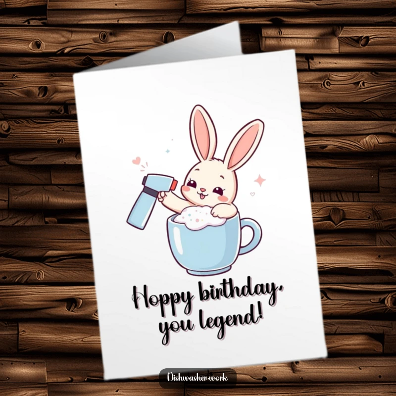 Funny Free Printable Rabbit Birthday Card: Playful rabbit spraying bubbly foam onto a mug for a festive greeting.