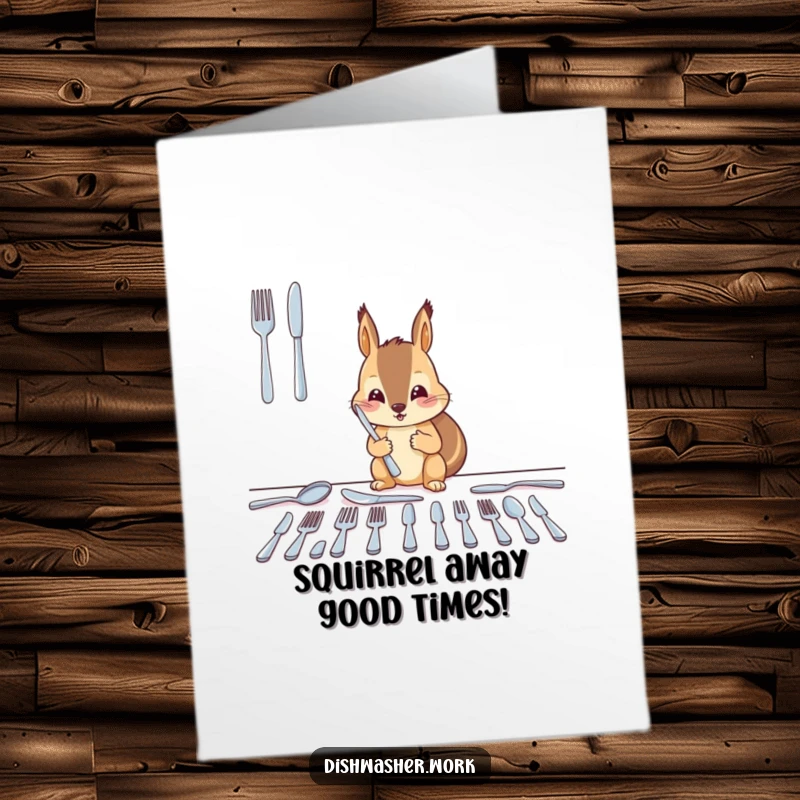 Funny Free Printable Squirrel Birthday Card: Diligent squirrel arranging shiny cutlery into perfect rows for a birthday wish.