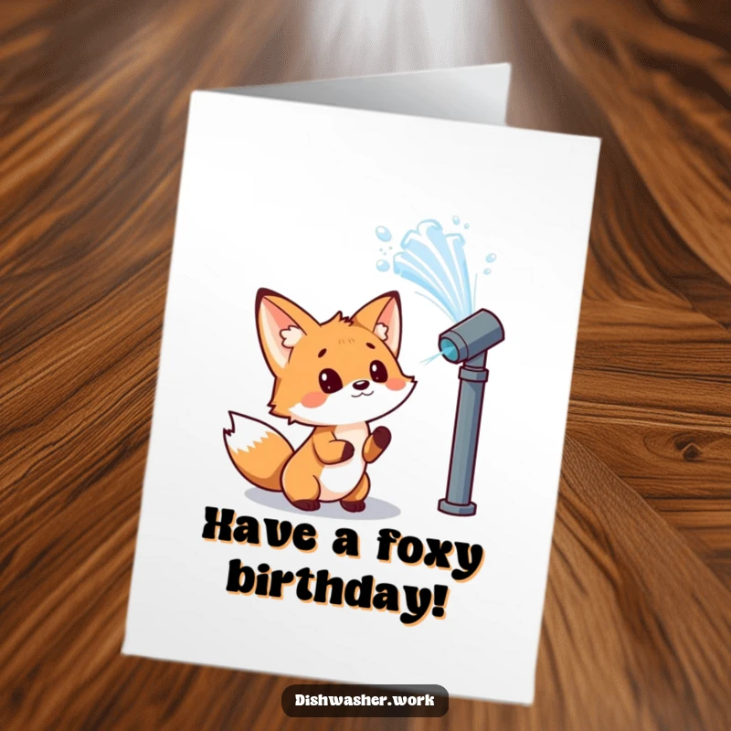 Funny Free Printable Fox Birthday Card: Curious fox observing a powerful water jet from a nozzle with wide-eyed wonder.