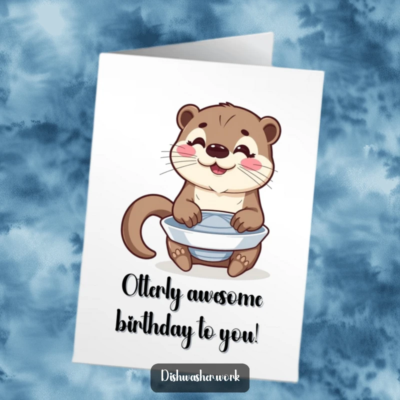 Funny Free Printable Birthday Card featuring a happy otter proudly polishing a spinning plate with a confident expression.
