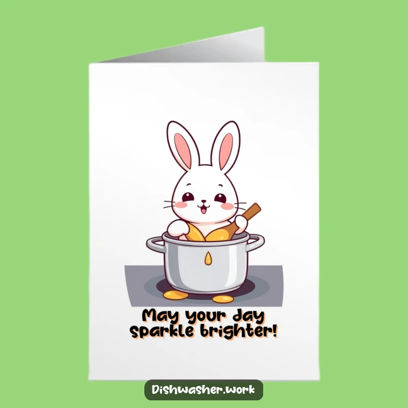 Free Printable Funny Birthday Card: Cheerful Rabbit Scrubbing Pot, Hilarious Downloadable Greeting