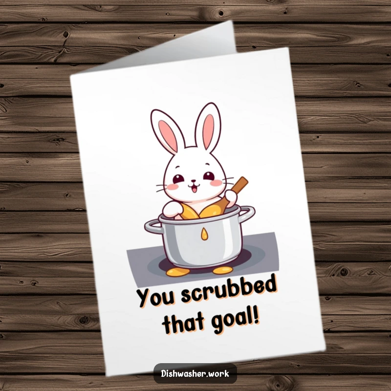 Funny Free Printable Congratulations Card: Cheerful rabbit proudly displays a sparkling clean pot, celebrating a job well done.